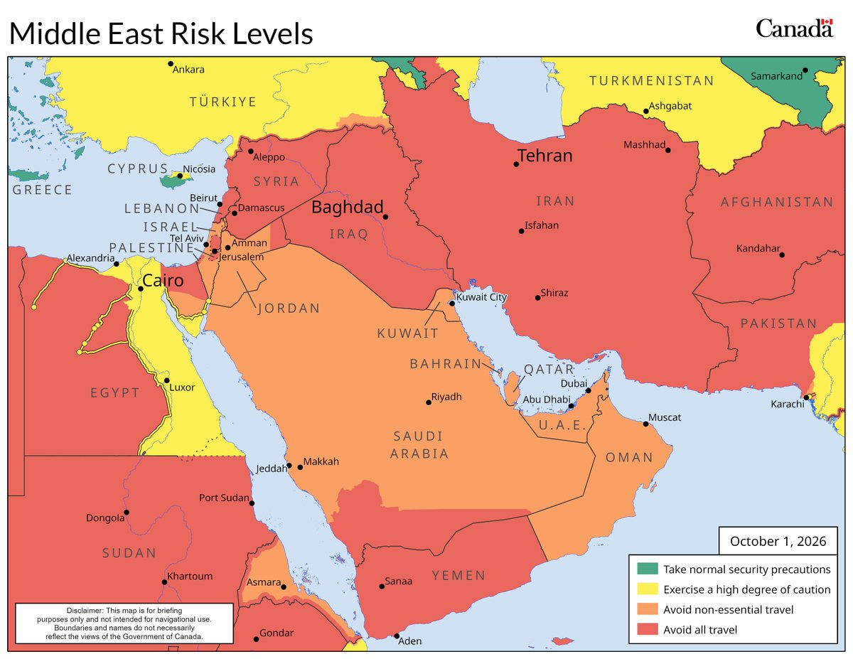 TravelGoC's tweet photo. Latest risk levels in the #MiddleEast:

🔴 Avoid all travel: 

Iran
Iraq
Lebanon
Palestine
Syria
Yemen
   
🟠Avoid non-essential travel:

Bahrain
Israel
Jordan 
Kuwait
Oman
Qatar
Saudi Arabia
United Arab Emirates

https://t.co/1iUZ0hFrF1 https://t.co/z9Yz6DTMfa