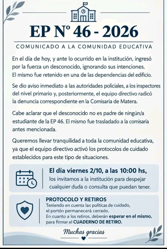 albanodl's tweet photo. #Merlo 🚨 En la tarde de ayer, un hombre ingresó a la Primaria N°46 de Parque San Martín, armado con un cuchillo y se encerró en un aula. Tras un llamado al 911, fue aprehendido por la Policía. La causa quedó radicada en la UFI N°3 de Morón. No estaba relacionado con la escuela https://t.co/Utcw5LPPj0