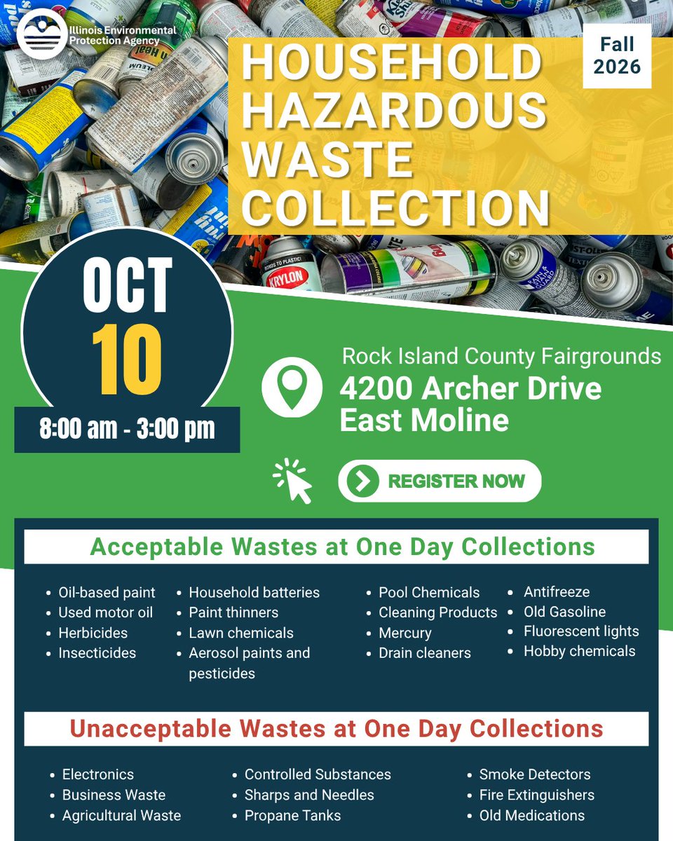 ILEPA's tweet photo. 🛢️ Rock Island area residents! Safely dispose of your HHW next weekend at the Rock Island County Fairgrounds, 8 AM to 3 PM. Collections are open to all Illinois residents. Pre-registration is required.
 
Check accepted items &amp; register here 👉 https://t.co/Yp13MOf4sJ https://t.co/rqS79DUDkL