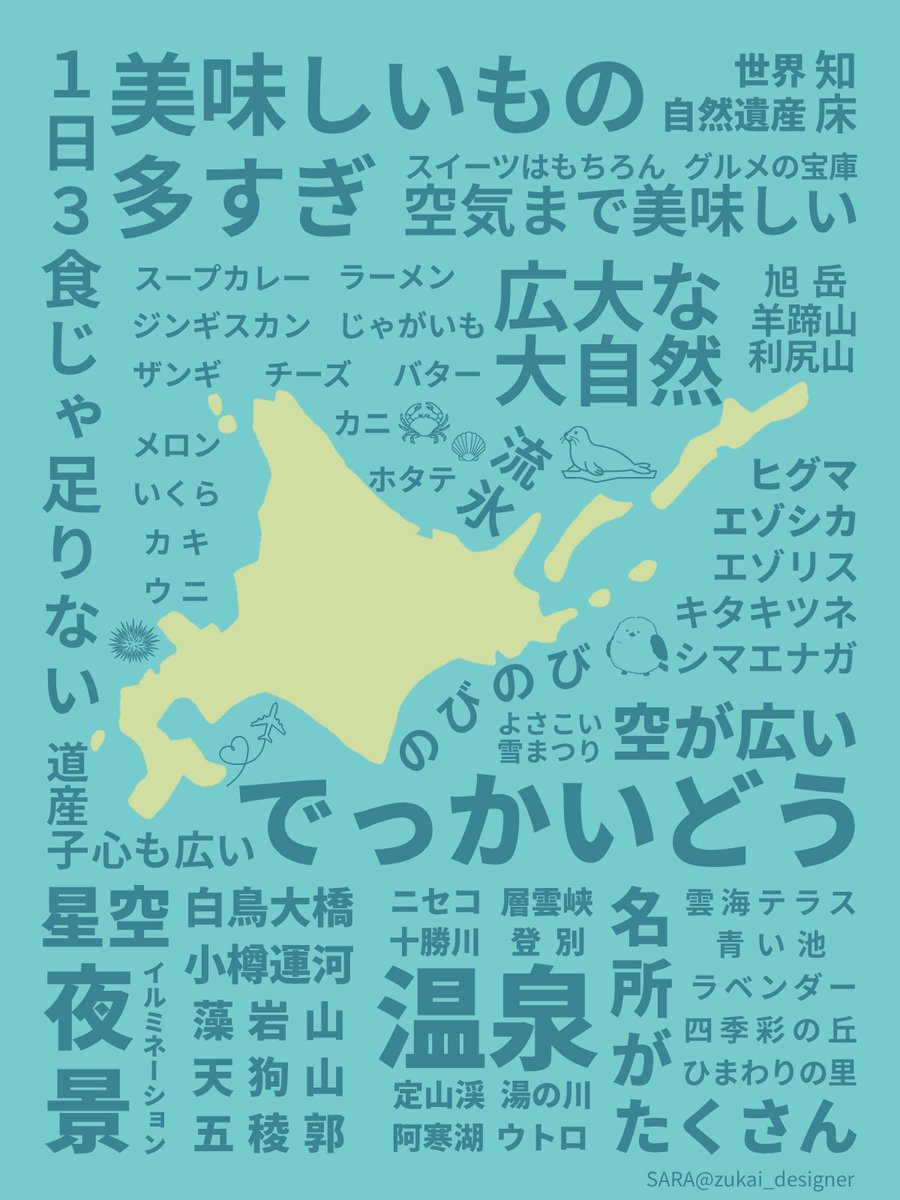 zukai_designer's tweet photo. 【30日連続投稿　2日目🌷】

本日は、私の住んでいる北海道の魅力をぎゅぎゅっと集めたタイポグラフィを作成しました！

この1枚に収まりきらないほど魅力たっぷりですが、私が勝手ながら厳選致しました✨

北海道在住の方はもちろん、しばらく足を運んでいない方にも魅力が伝われば嬉しいです。 https://t.co/oeg9TAs5ZP