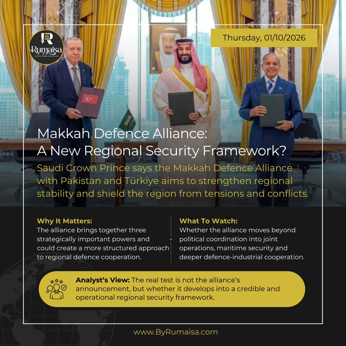 1Rumaisaa's tweet photo. Saudi Arabia’s latest remarks place the Makkah Defence Alliance within a broader regional security strategy involving Pakistan and Türkiye. The key question is whether the alliance can translate political coordination into practical defence cooperation and regional security. https://t.co/2bf5VDhsxi