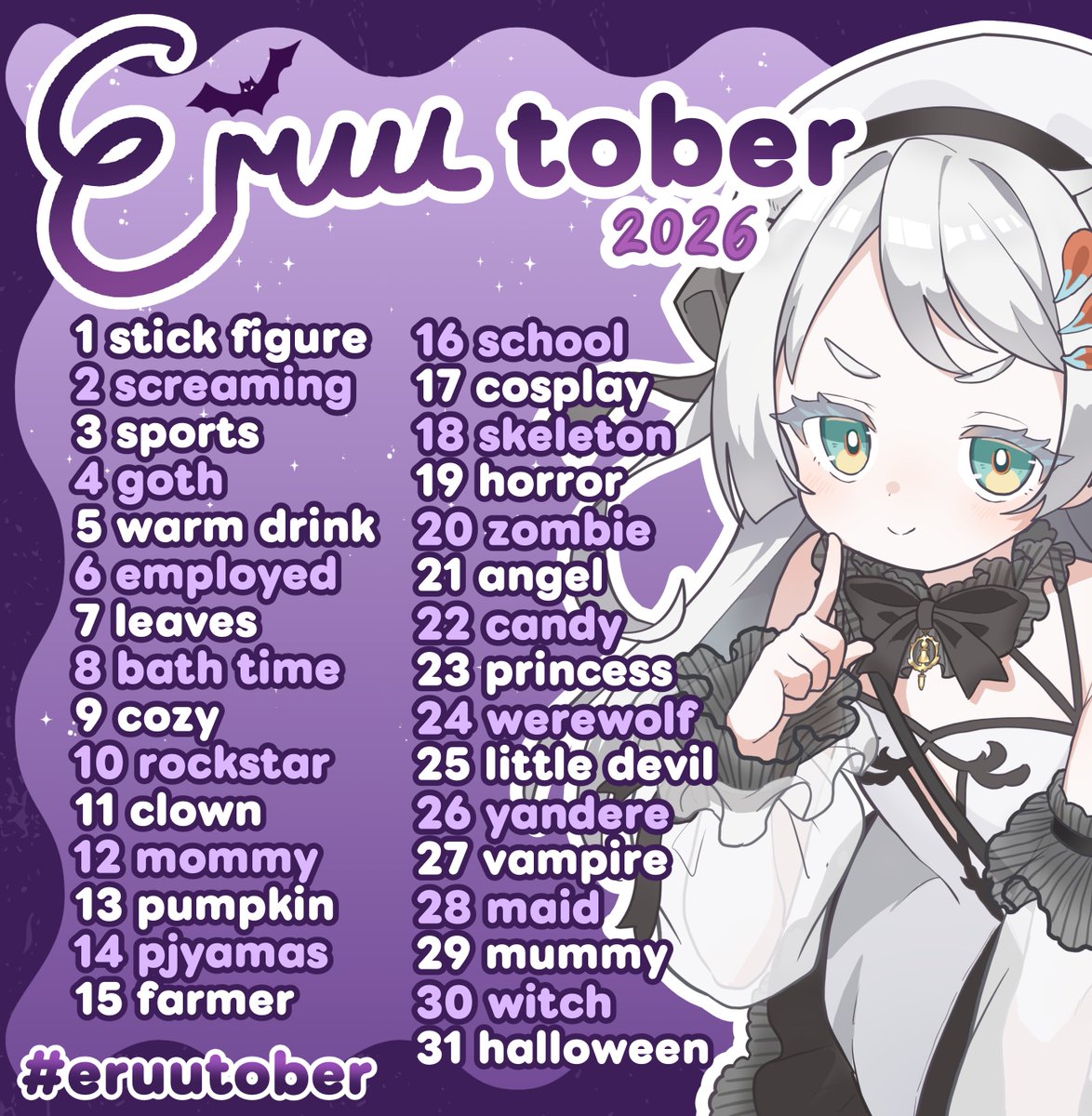eruuclaymie's tweet photo. ERUUTOBER TIME 🦇

Each day has a theme for you to follow for drawings or oshikatsu with eruu!
Drawing of any skill level is welcome! The main goal is to have fun and get in the mood of the season together!

Please post your creations using the tag #eruutober https://t.co/LdGfPJjhhd