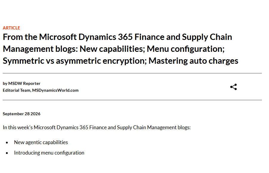 msdynamicsworld's tweet photo. From the #Microsoft #Dynamics365 Finance and Supply Chain Management blogs: New capabilities; Menu configuration; Symmetric vs asymmetric encryption; Mastering auto charges. https://t.co/HVqHQtt2vL https://t.co/IVVxL3MVcL