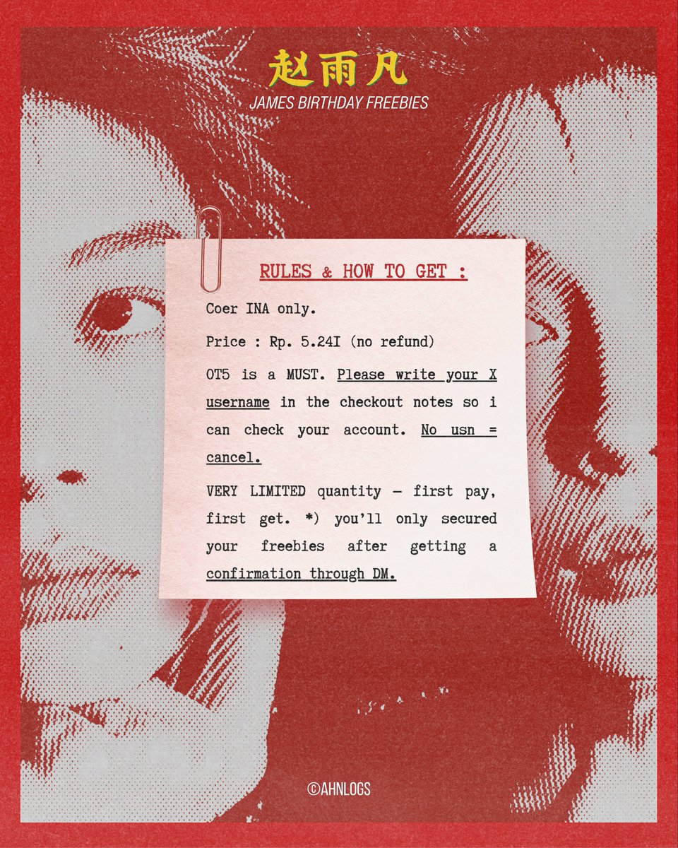 ahnlogs's tweet photo. 趙雨凡 [james birthday freebies— inspired by wong kar-wai ‘fallen angels’] from @ahnlogs •.🪷.•

ꕤ — read the rules on how to get yours on the 2nd pic >>>

📆 date & time : TBA (i’ll announce it later  via QRT)
📌 1 person = 1 set only

🪷 likes & rt are very much appreciated!

yours truly, es.