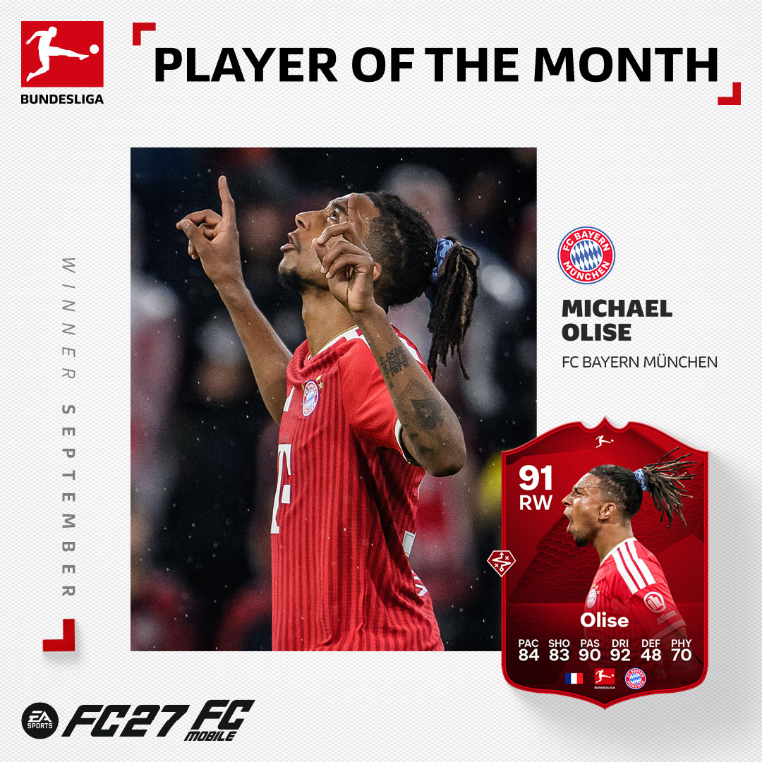 EASPORTSFC's tweet photo. Setting the league alight 🪄 🔥

Michael Olise is your September @Bundesliga_EN Player of the Month. https://t.co/1ALbMVKCqv