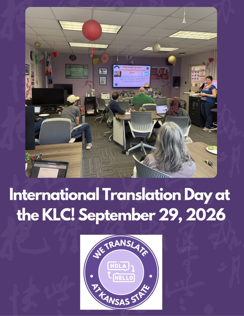 KStateModLangs's tweet photo. Missed us on Tuesday? We celebrated International Translation Day one day early on Tuesday, September 29! Many thanks to the students and faculty who helped us celebrate the art of conveying meaning across languages and cultures! https://t.co/sjJ39RaasQ