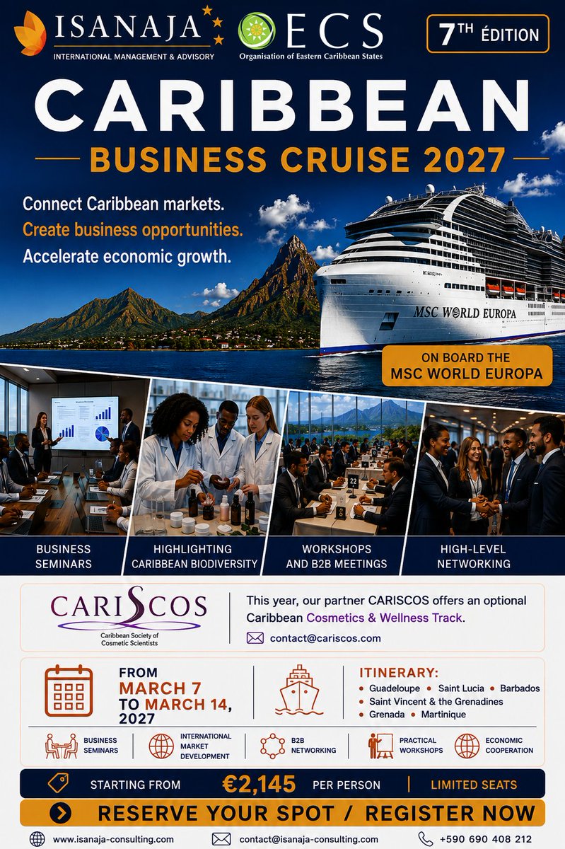 oecscommission's tweet photo. 🌊 Unlock trade, investment & partnerships across the Caribbean! Join the Caribbean Business Cruise (CBC), uniting entrepreneurs, MSMEs & public institutions. 📥 Reserve your spot with Agence ISANAJA Consulting today! #OECS #CaribbeanBusinessCruise https://t.co/Uri0Dkgxl7