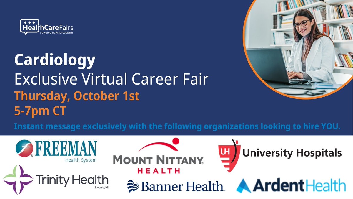 PracticeMatch's tweet photo. Today's the day. The Cardiology Semi-Exclusive Virtual Career Fair starts at 5:00 PM CT.

Finishing fellowship or exploring your next role? Log in anytime between 5:00 and 7:00 PM CT to talk with recruiters about cardiology opportunities nationwide. You choose who to chat with, and there's no pressure to stay longer than you want.

There's still time to register: https://t.co/HBro4n1oJR

#PracticeMatch #CareerFairs
