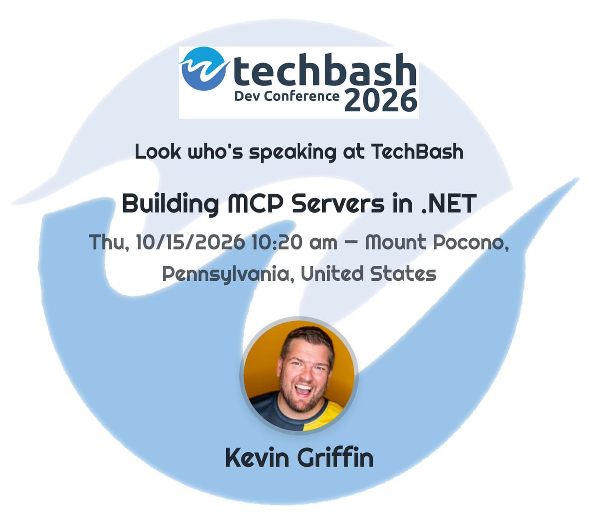 1kevgriff's tweet photo. Two weeks until #TechBash! I'll be building an MCP server live in C# and covering the design choices that matter: transport, model-friendly output, familiar .NET patterns, and Azure deployment. Oct 15 at 10:20 AM. SPEAKER12 saves 12%. https://t.co/zSWiy1qsk8