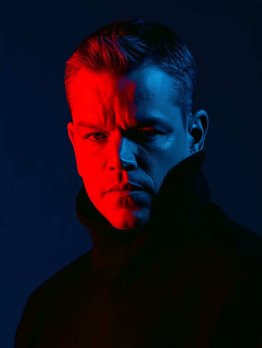 michaelrabone's tweet photo. Matt Damon, Brad Pitt
Idris Elba, Keanu Reeves

Duotone of Javier Bardem. The colour palette is an extreme high-contrast mix of vibrant neon glowing red and deep saturated rich blue. Monochromatic. Cinematic studio photography. Neon-noir --ar 3:4 --raw --stylize 150 --v 8.2 https://t.co/BgBgcfCoil
