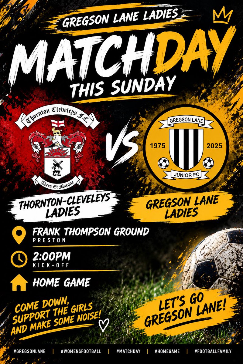 Gregsonladies26's tweet photo. ⚽️ MATCHDAY THIS SUNDAY! ⚽️

We’re back at home as we welcome Thornton-Cleveleys Ladies to Frank Thompson Ground! 🖤🤍💛

🕑 2pm kick-off
📍 Frank Thompson Ground, Preston

Come down, support the girls and get behind us! 📣🔥

LET’S GO GREGSON LANE! 💪🏻⚽️🖤🤍💛

#GregsonLaneladies https://t.co/Q3mdfnlbc2