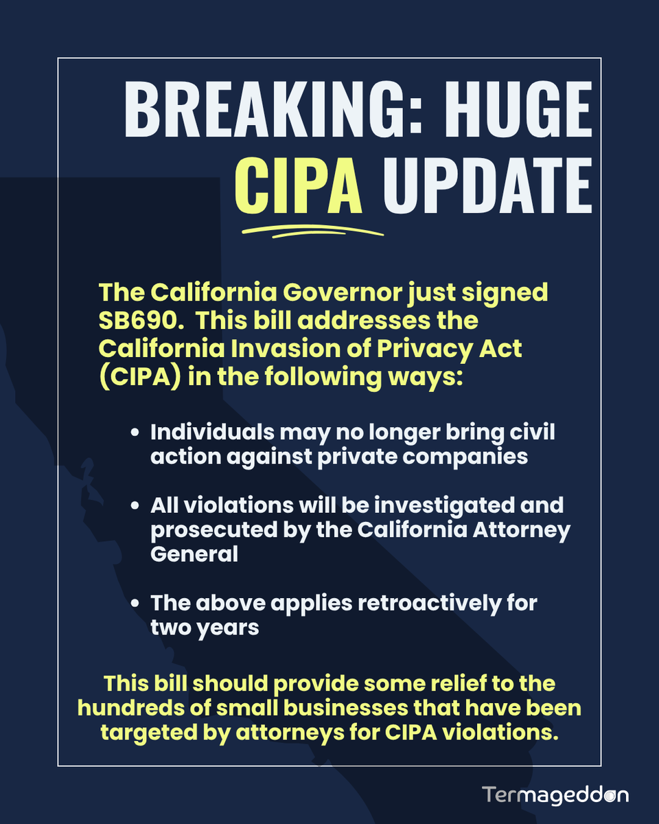 termageddon's tweet photo. This is a big one.

Certain attorneys have spent the last several years sending demand letters to businesses across the U.S. for CIPA violations. These letters basically said, "Pay us $50,000, or we'll take you to court." 

This new bill looks to put an end to this. https://t.co/SPH9l8ia65