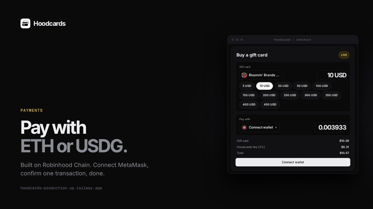 UseHoodCardsRH's tweet photo. Pay with ETH or USDG. 

Built on Robinhood Chain. 

Connect MetaMask, confirm one transaction, done.

https://t.co/K0cC0Gy6oZ https://t.co/hRm7YeIgE3