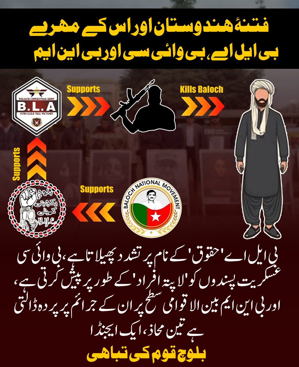 Balochistan0336's tweet photo. بی ایل اے حقوق کے بہانے دہشت گردی کرتا ہے، بی وائی سی جنگجوؤں کو لاپتہ شہری ظاہر کرتی ہے، جبکہ بی این ایم عالمی سطح پر ان کا دفاع کرتی ہے یہ تین الگ راستے ہیں مگر مقصد ایک ہی ہے: بلوچ قوم کو برباد کرنا۔
#BLA #BYC #BNM #Balochistan #BalochRights #Terrorism https://t.co/AcpydSnI61
