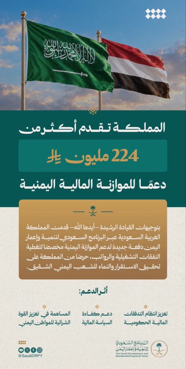 News_Ejazah's tweet photo. البرنامج السعودي لتنمية وإعمار اليمن :

بتوجيهات القيادة الرشيدة –حفظها الله–، وامتدادًا لدعم المملكة العربية السعودية للشعب اليمني الشقيق، قدّمت المملكة عبر #البرنامج_السعودي_لتنمية_وإعمار_اليمن دفعة جديدة من دعم الموازنة اليمنية بأكثر من 224 مليون ريال، مخصّصةً لتغطية النفقات التشغيلية والرواتب، بما يسهم في تقليل عجز الموازنة، وانتظام التدفقات المالية الحكومية، وتعزيز القوة الشرائية، وتنشيط الأسواق التجارية.