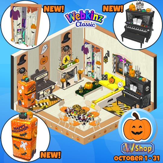 webkinz's tweet photo. 🎃Halloween Party Room Theme Back in the WShop!🎃

The theme is back, and there are 3 new items to collect: The Halloween Party Closet, Fridge and Piano!🎹

You’ll find this theme in the WShop on Webkinz Classic until midnight, Saturday, October 31… so get it before it’s gone!👻 https://t.co/q4wxmVVahY