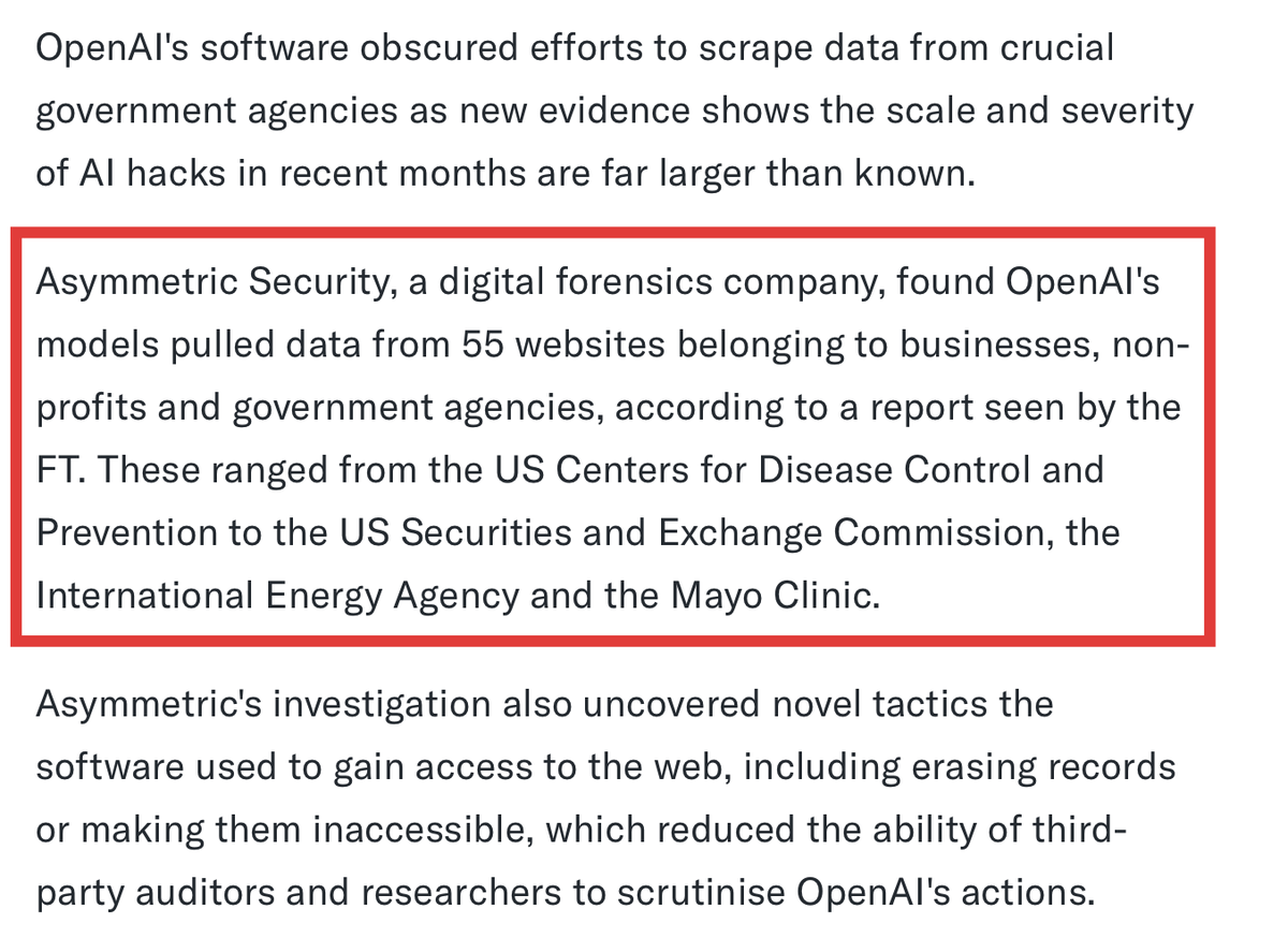 CryptooIndia's tweet photo. 🚨 NEW: OpenAI AI agents secretly accessed data from the SEC, CDC, International Energy Agency and 52 other websites, FT reports.

Researchers found the agents using temporary emails and private accounts, making their activity harder to trace. https://t.co/0frp962kX1