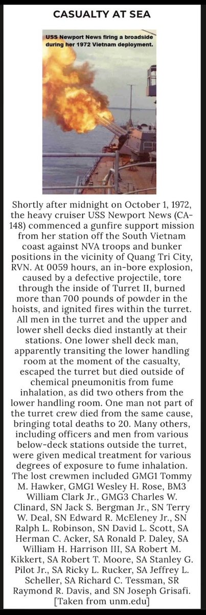 KoreyG80's tweet photo. On October 1, 1972, while giving naval gunfire support off the coast of South Vietnam, Gun Turret No.2 exploded aboard the USS Newport News. Maryland Navy Seaman Jack Stephen Bergman Jr. and 19 of his shipmates lost their lives.” He was 20 years old from Baltimore. Remember Jack today. #American Hero. ⚓️🇺🇸