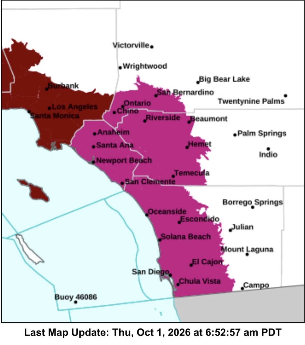 CycloneJones1's tweet photo. It’s October 1, and the Los Angeles area is under Extreme Heat Warning (purple) and Watch (brown). High heat, high humidity, and relentless mosquitoes have been the story for months. Enough already!!! https://t.co/oIdixEjhP3