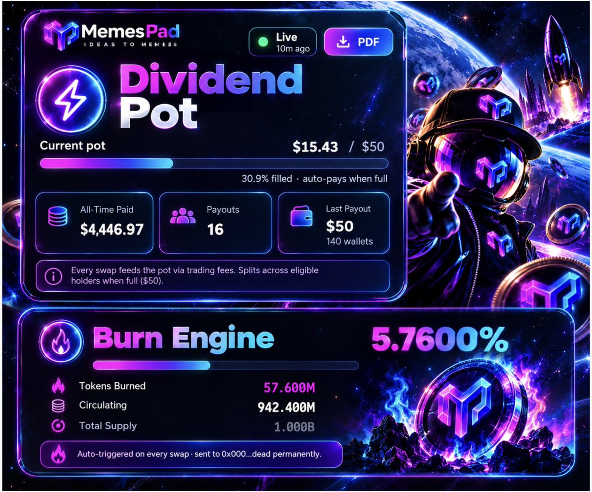 memespad's tweet photo. Day 7:

- Holders got paid 4,446.97$ IN $USDC 
- 5.7% of the Supply Burned worth 8,234.55 $

Are you entertained yet ? https://t.co/W32loeN8JG