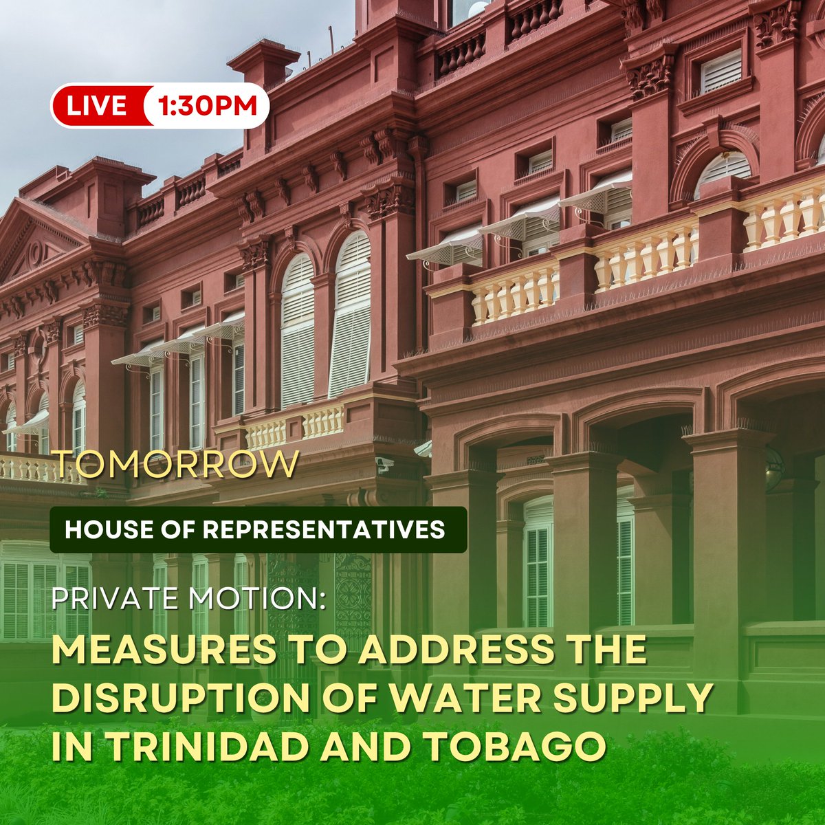TTParliament's tweet photo. Catch the 10th Sitting of the House of Representatives on Friday 2 October, 2026 at 1:30 p.m. LIVE on

📺The Parliament Channel
📻Radio 105.5 FM and
💻ParlView.

Be sure to tune in!
https://t.co/ZlGmbLlisp

#TTParliamentHOR #watersupply #disruption https://t.co/ULLMdJxEOu