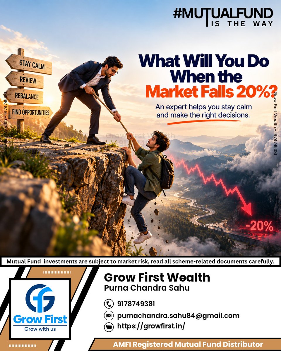 Growfirstt's tweet photo. Market corrections can test every investor’s patience. 📉 Stay calm, review your goals, and let informed decisions guide your mutual fund journey. 🧠📈 
#growfirst #marketdown #fallingmarket #stockmarket #invest #mfd https://t.co/lvOzjWzKry