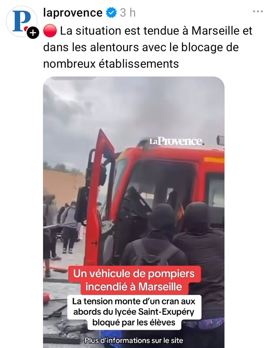 DubiefMarc's tweet photo. Lunaire.
Les français ne veulent plus de cette racaille impunie. Le symbole est fort. Ils brûlent le camion des pompiers 🚒 qui ce soir pourrait sauver l'un des leurs. Un signe de plus d'ensauvagement et de décivilisation.
@laprovence ce ne sont pas des élèves mais des casseurs. https://t.co/gOJtoOuSw1