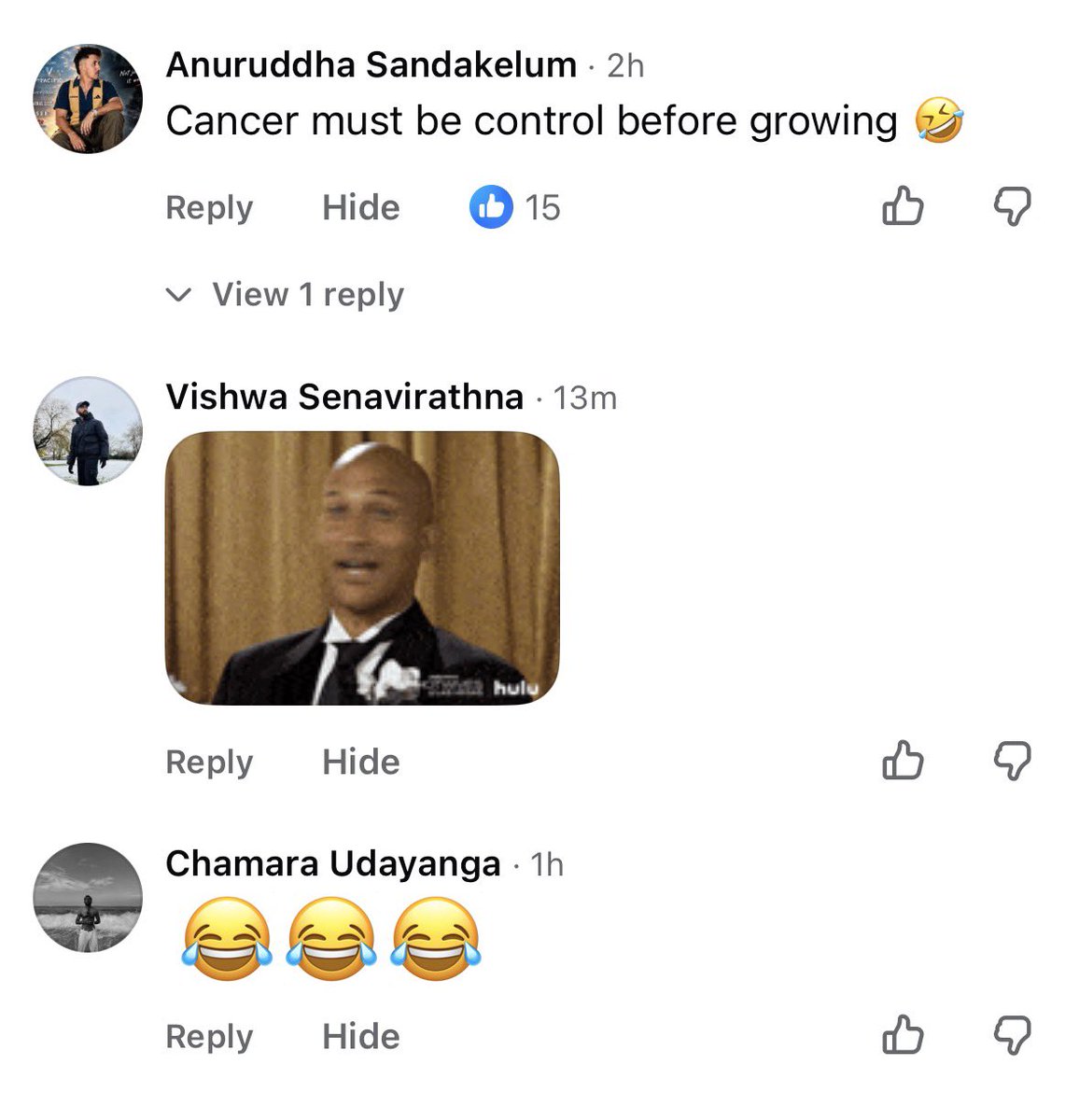 Thusi_Kumar's tweet photo. The reaction from Sri Lankans on Facebook is not denial that a child was murdered.

It is to celebrate the execution.

They’re laughing about it.

This is why Tamils say reconciliation is a fiction. https://t.co/44ZYg5rWIW