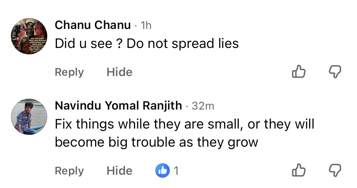 Thusi_Kumar's tweet photo. The reaction from Sri Lankans on Facebook is not denial that a child was murdered.

It is to celebrate the execution.

They’re laughing about it.

This is why Tamils say reconciliation is a fiction. https://t.co/44ZYg5rWIW