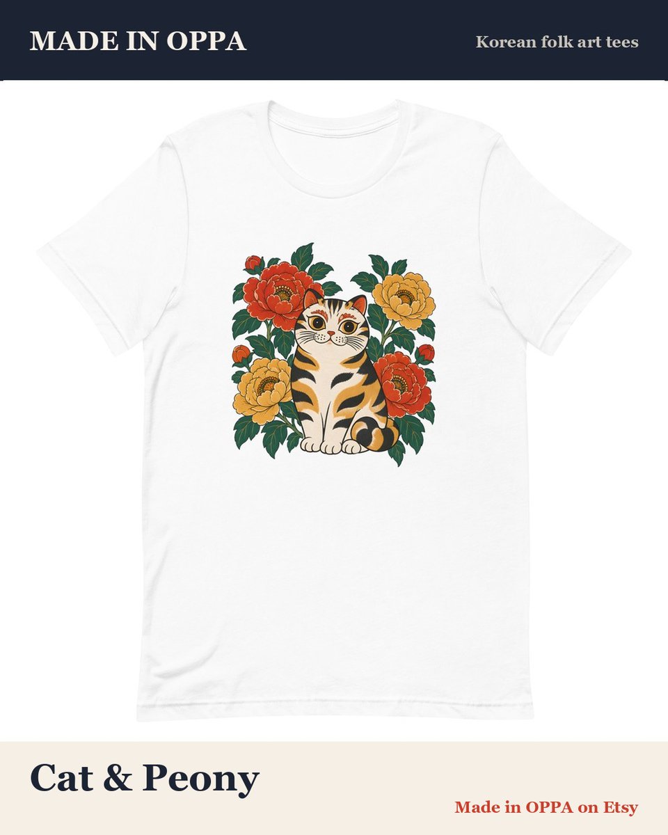 madeinoppa's tweet photo. Cat &amp; Peony — A cat sitting in the peonies, painted the way Korean folk artists painted them. Korean folk art on a soft unisex tee, made to order in the USA.

Artwork made with AI, printed on demand in the USA.
Shop: link in bio
#catshirt #peony #minhwa https://t.co/3mTBF6ZGI2