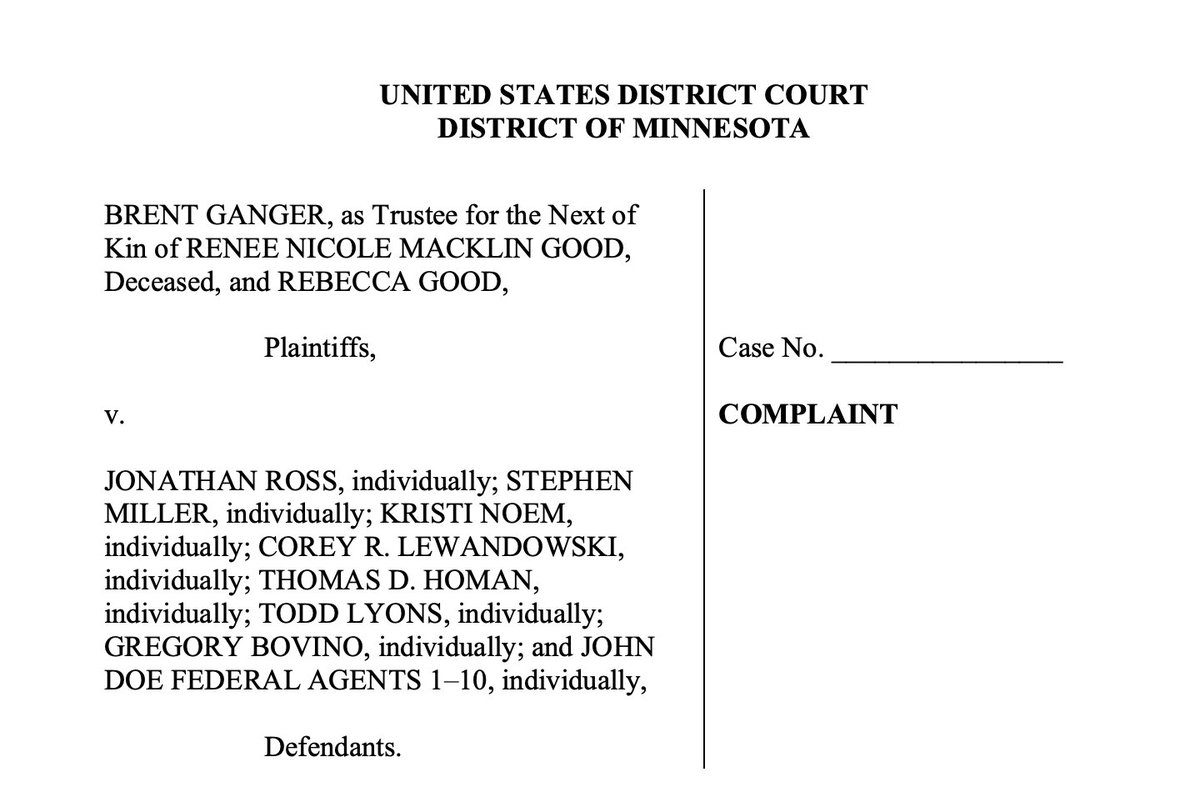 kyledcheney's tweet photo. JUST IN: Renee Good's partner and family have filed two lawsuits stemming from her death — one aimed at the ICE agent who shot her and a several senior Trump admin officials, the other aimed at the federal government itself. https://t.co/pZMjqgUWOY

https://t.co/UolXkxLh2f https://t.co/PyaEufUm2A