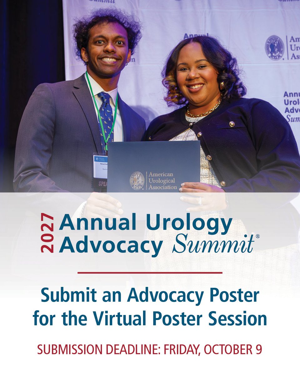 AmerUrological's tweet photo. Calling all medical students, urology residents and fellows! ☎️

Showcase your research, advocacy efforts, or policy ideas with a poster for the 2027 Virtual Poster & Public Policy Forum. Accepted posters will be featured online and select applicants will have the opportunity to present live at the Public Policy Forum during the Summit in Washington, DC.

Learn more here ➡️ https://t.co/UUvt5uX08b

#AUASummit27