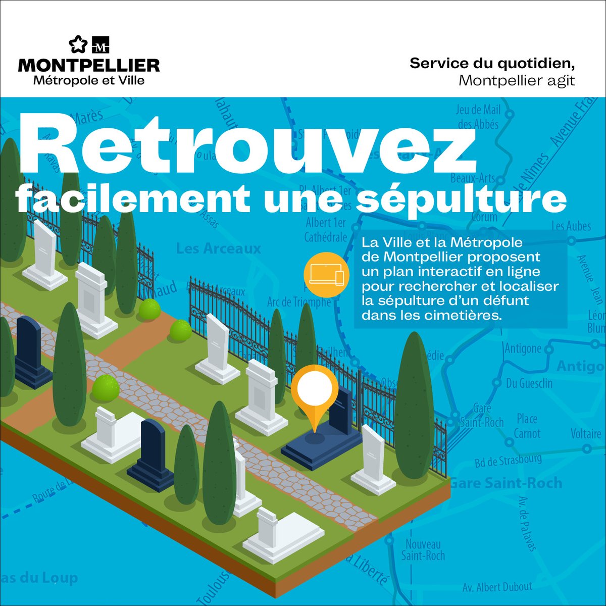 montpellier_'s tweet photo. La Ville et la métropole ont mis en place un site internet permettant de retrouver facilement un défunt et de localiser sa sépulture sur les plans interactifs des cimetières municipaux et métropolitains ➡️  https://t.co/foG6XBgvWZ https://t.co/MrwPvCEm3E