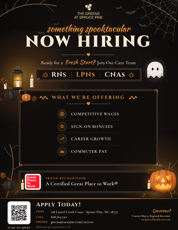 GreensSpruce's tweet photo. 🎃🩺 A SPOOKTACULAR CAREER OPPORTUNITY AWAITS!

The Greens at Spruce Pine is NOW HIRING RNs, LPNs, and CNAs to join our dedicated care team! https://t.co/oQNPBFQ9He