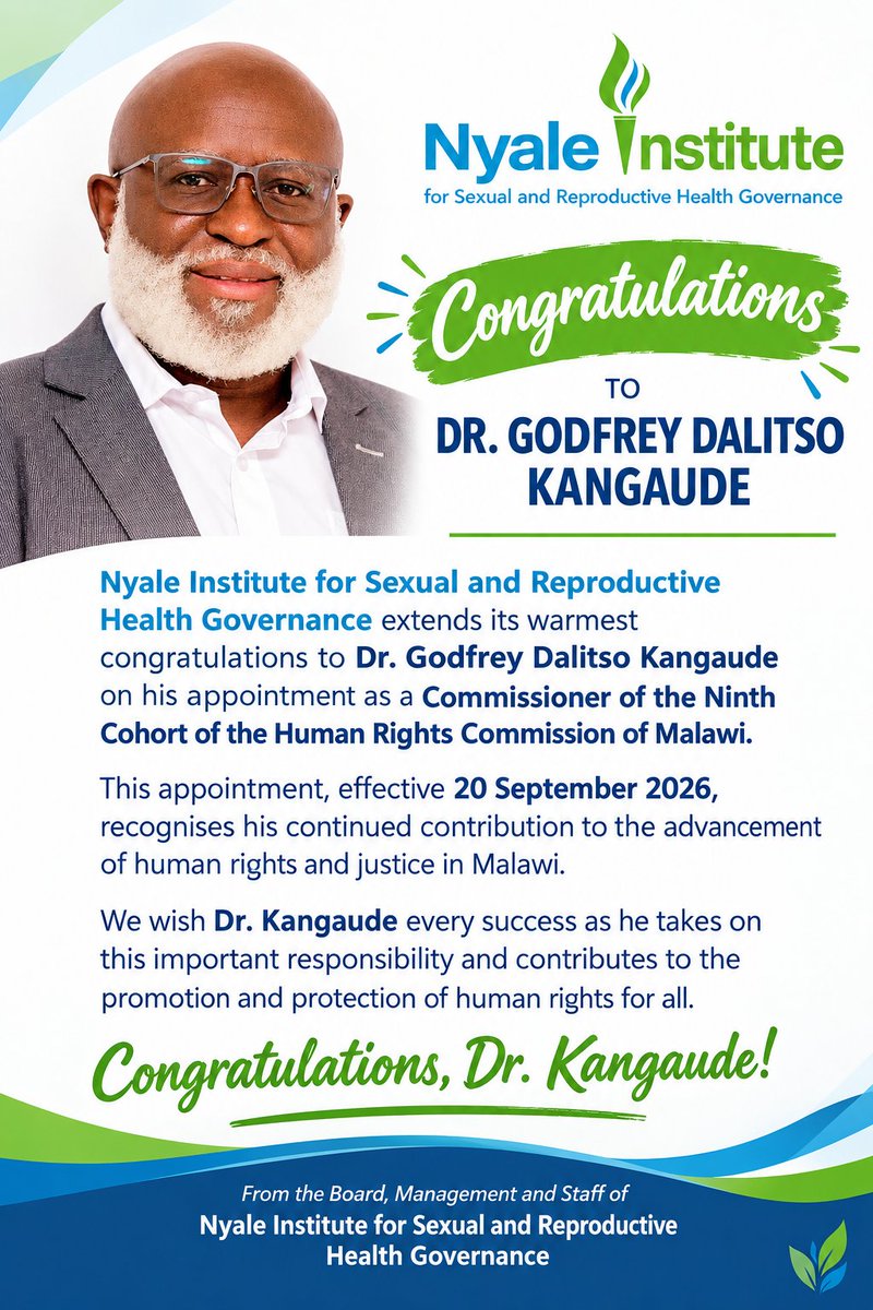 nyaleinstitute's tweet photo. Congratulations to Dr. Godfrey Dalitso Kangaude on his appointment as a Commissioner of the Ninth Cohort of the Human Rights Commission of Malawi.

Nyale Institute celebrates this milestone and wishes him success in advancing and protecting human rights in Malawi. https://t.co/1I5xTGOHs8