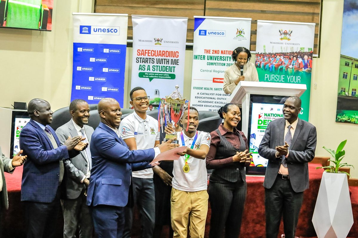 kyambogou's tweet photo. CHAMPIONS! @KyambogoU has emerged overall winner of the 2026 National Inter-University Debate Competition organized by UNESCO @UNESCO & Ministry of Education & Sports @Educ_SportsUg held @Makerere

 Accompanied by Principal Warden Mr. William Ngabirano, the team proudly handed over the trophy to VC Prof. Eli Katunguka.

The Vice Chancellor @EliKatunguka commended the team’s brilliance noting how impressive it is to see Science & Engineering students dominating the debate stage! 🧠⚙️ Thank you to the VC & Dean of Students office for the unwavering support.