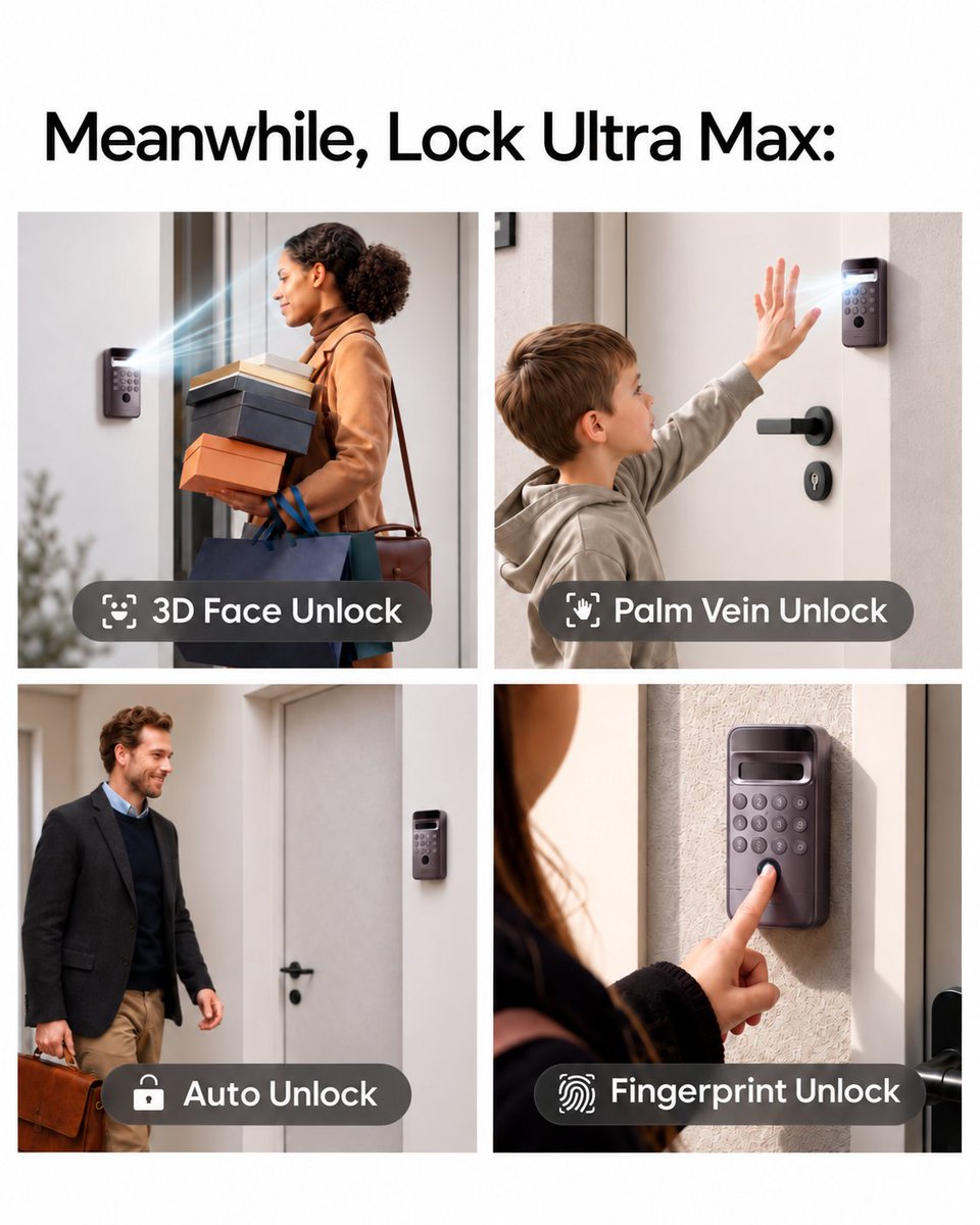 SwitchBot's tweet photo. Keys? Hands full? Bag chaos?
Lock Ultra Max said: pick a way in. 😌
Discover more 👇
Amazon: https://t.co/F03hqgYXVA
SwitchBot Official: https://t.co/5ZpazDRQE5
#SwitchBot #LockUltraMax #SmartLock https://t.co/8REwfSjtQT
