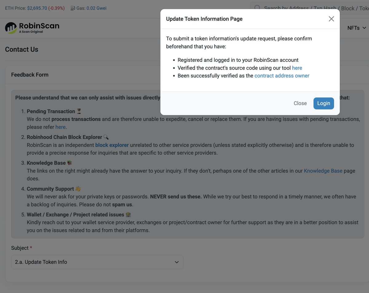 hongerfrogger's tweet photo. robinhood:0x4db7374e966097be94c6680d49156d580f097bbf 
To submit a token information update request, you need to have "been successfully verified as the contract address owner"

@RibbitCapital is really trying to make it obvious to get on the TIBBIR train. https://t.co/L22bMc0Xuk