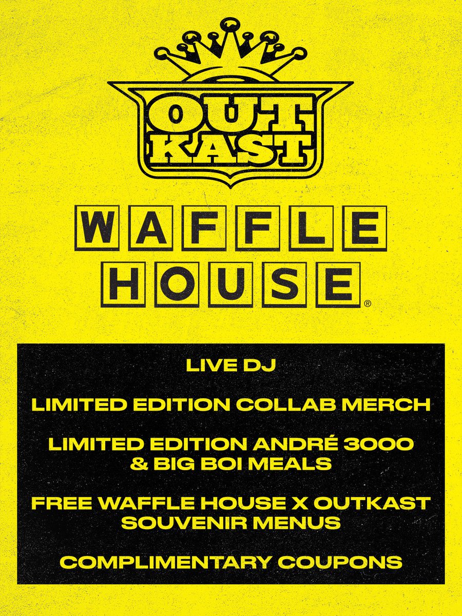 Outkast's tweet photo. ATL, we got you with the official Outkast x Waffle House launch party. Come on down. https://t.co/amhqJPrB7M