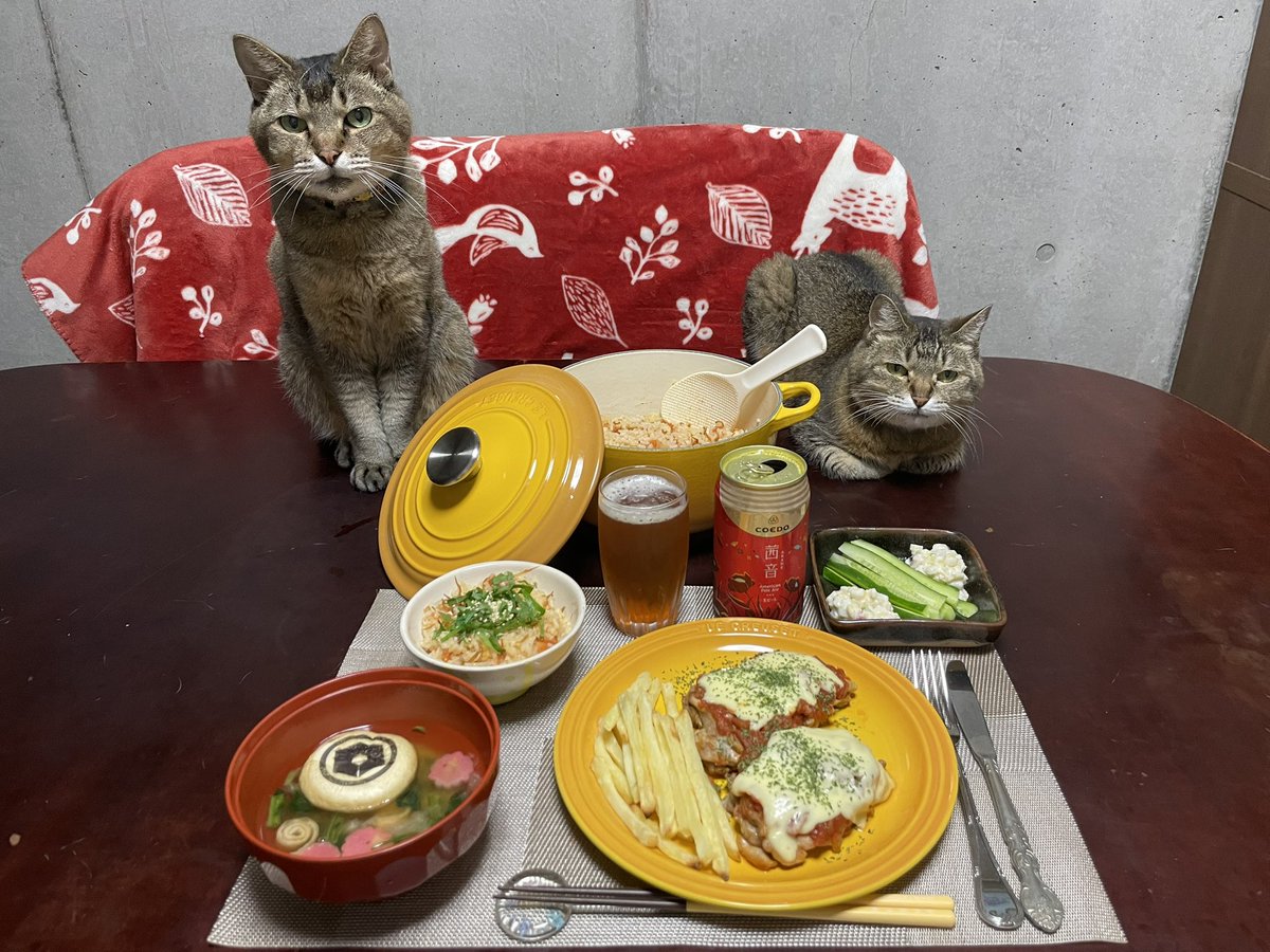 bulan_nyan's tweet photo. 今夜はトマトの炊き込みご飯🍅トマトが甘くなって👍トマトといえばイタリアン🇮🇹？と思いつつ、でもご飯にはやはりお味噌汁…となりテントお味噌汁登場😊
ビールは茜色…もとい茜音。怒涛のような年明けからの3月だったのに、もう年末の幕開け😳珠城さんのおかげで経験と幸せがどんどん増えていきます💕 https://t.co/duvdGDJcMP