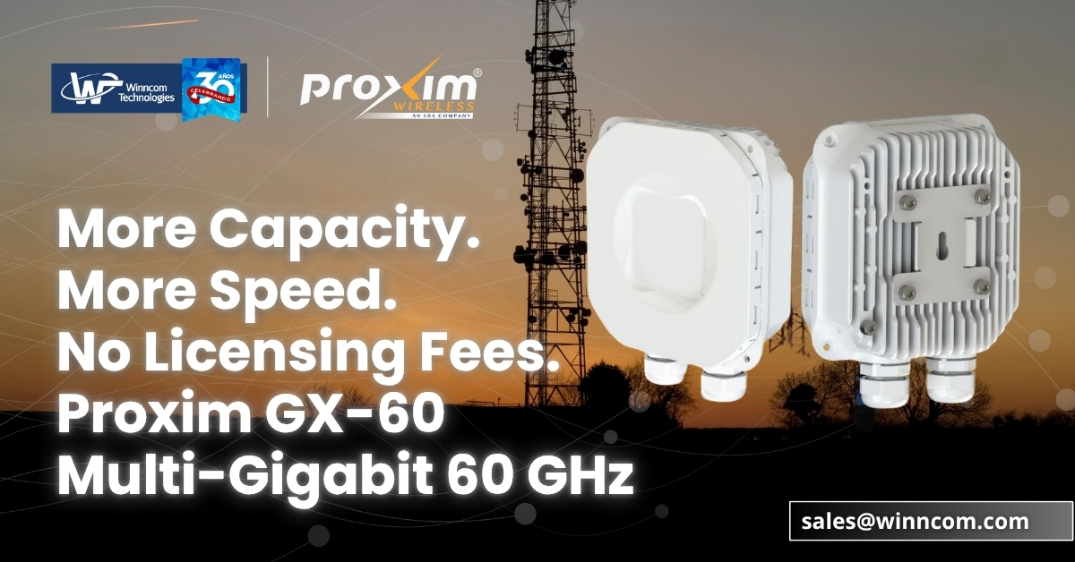 WinncomTech's tweet photo. 📡 More capacity. More flexibility.
The ProximWireless GX-60 delivers up to 2 Gbps, 60 GHz unlicensed connectivity, PTP/PTMP flexibility &amp; IP67 protection.  
🚀 Ready to upgrade your network?
📩 sales@winncom.com  

@Proxim
#ProximWireless #GX60 #Winncom https://t.co/AaRcom6UGt