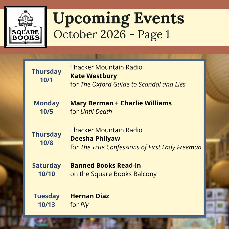 SquareBooks's tweet photo. October has arrived, which means spooky season &amp; cooler weather are upon us! Mark your calendars for interesting, thrilling, &amp; chilling events coming up at Square Books this month. 
#AuthorEvents #MeetTheAuthor #BookSignings #OxfordMS https://t.co/CD1GVLWypH