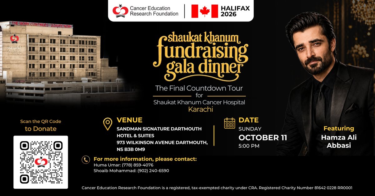 SKMCH's tweet photo. Join us at the Fundraising Gala Dinner in Halifax, Canada, in support of #ShaukatKhanumKarachi

Featuring: Hamza Ali Abbasi

Date: Sunday, October 11, 2026

For event details: https://t.co/QiejS15apj 

#ShaukatKhanumFundraisersInCanada #SKMCH #SKMCHHalifaxFundraiser #Canada https://t.co/AclQe58RlN