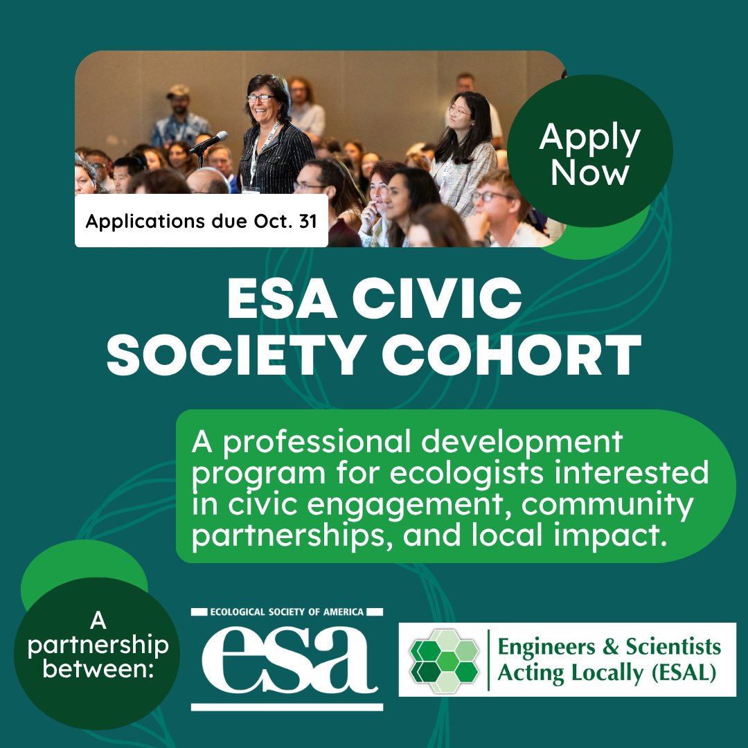 ESA_org's tweet photo. Interested in building stronger connections between ecology and your community? Applications are now open for the ESA Civic Society Cohort, offered in partnership with @ESAL_us

Learn more &amp; apply by Oct. 31: https://t.co/R0t3LtIWnZ https://t.co/3AGY5Z2D1R