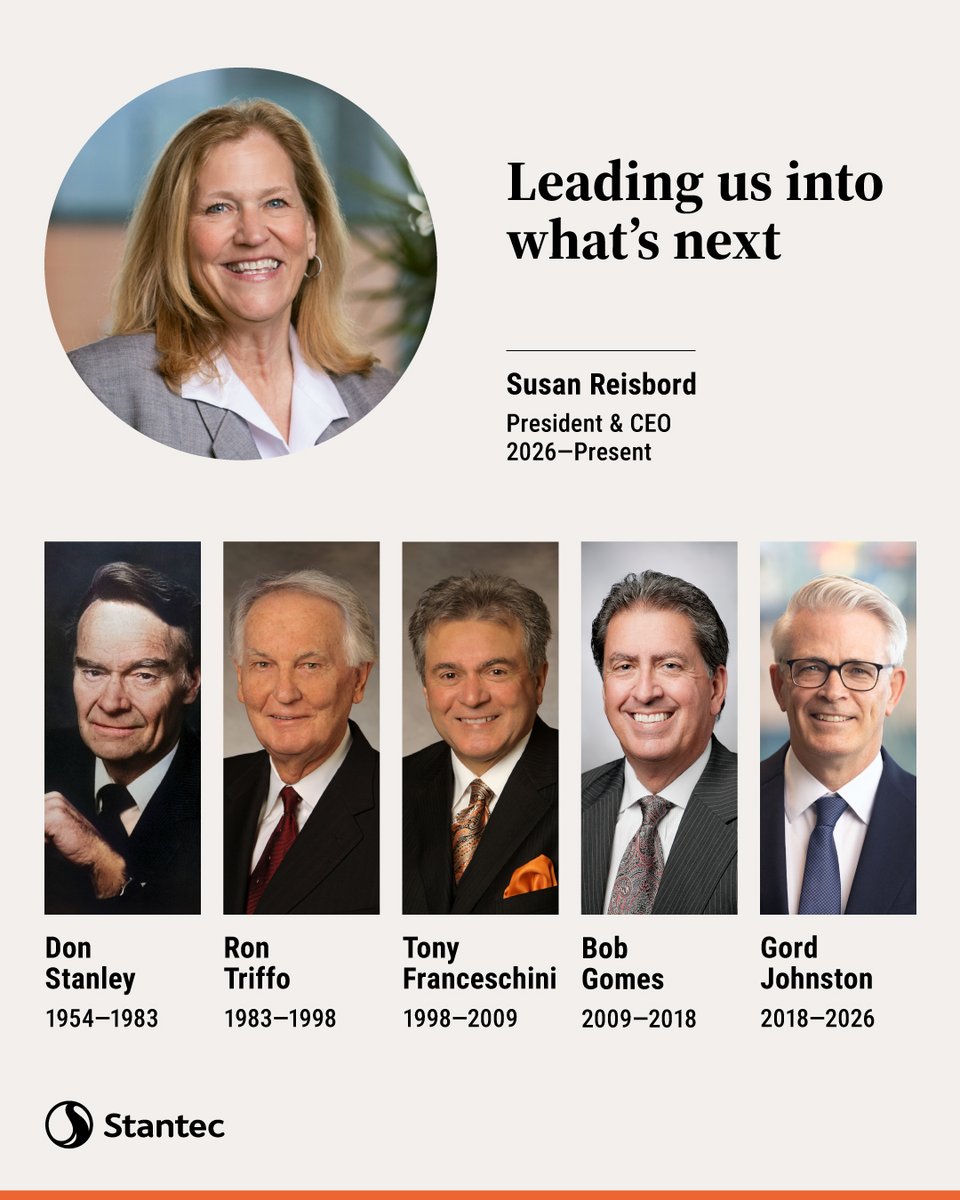 Stantec's tweet photo. Welcoming Susan Reisbord as Stantec’s sixth President and CEO. With Susan's leadership, we'll continue to build on our strong foundation, advance our strategic ambitions, and help our clients address some of the world's most complex challenges. https://t.co/peeOxFRfaO