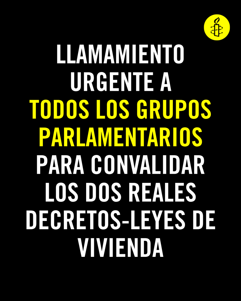 amnistiaespana's tweet photo. 🔴 Hacemos un llamamiento urgente a todos los grupos parlamentarios para que voten mañana a favor de la convalidación de los Reales Decretos-Leyes sobre vivienda, un primer paso para proteger este derecho. Millones de personas afectadas por la crisis de vivienda no pueden esperar más. Los grupos parlamentarios deben alcanzar un consenso mañana. No pueden dejar pasar esta oportunidad. 

@gpscongreso @GPPopular @VOX_Congreso @PodemosCongreso @JuntsxCatMadrid @eajpnv_Madrid @EHBilduCongreso @CompromisCGR @Esquerra_ERC @SumarGP