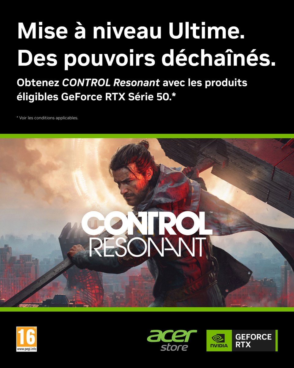PredatorFrance's tweet photo. Vous avez jusqu’au 13 octobre 👀🎮

L’offre CONTROL Resonant avec GeForce RTX Série 50 est prolongée

Pour tout achat d’un PC fixe ou portable éligible équipé d’une GeForce RTX 5090, 5080, 5070 Ti ou 5070, recevez CONTROL Resonant et vivez pleinement l’expérience avec GeForce RTX Série 50.

Offre à durée limitée. Rendez-vous dès maintenant sur l’Acer Store.
https://t.co/tp6iHXejJy