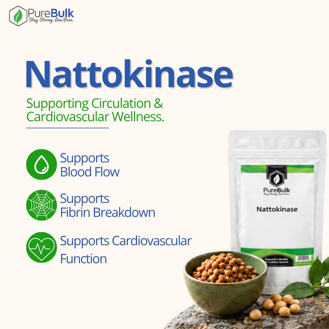 PureBulk's tweet photo. What exactly is Nattokinase? 🫘✨

Nattokinase is a naturally occurring enzyme produced during the fermentation of soybeans to make natto, a traditional Japanese food.

So what makes it interesting? Nattokinase has been studied for its role in fibrin breakdown, a process involved in the body’s normal blood-clotting system, as well as its potential connection to healthy circulation and cardiovascular function.

From a traditional food to a fascinating enzyme, there’s more to Nattokinase than meets the eye. 🌱

Learn more about Nattokinase at https://t.co/DUhGWNQyLH

#purebulk #fyp #foryou #supplement #nattokinase #hearthealth #health #wellness