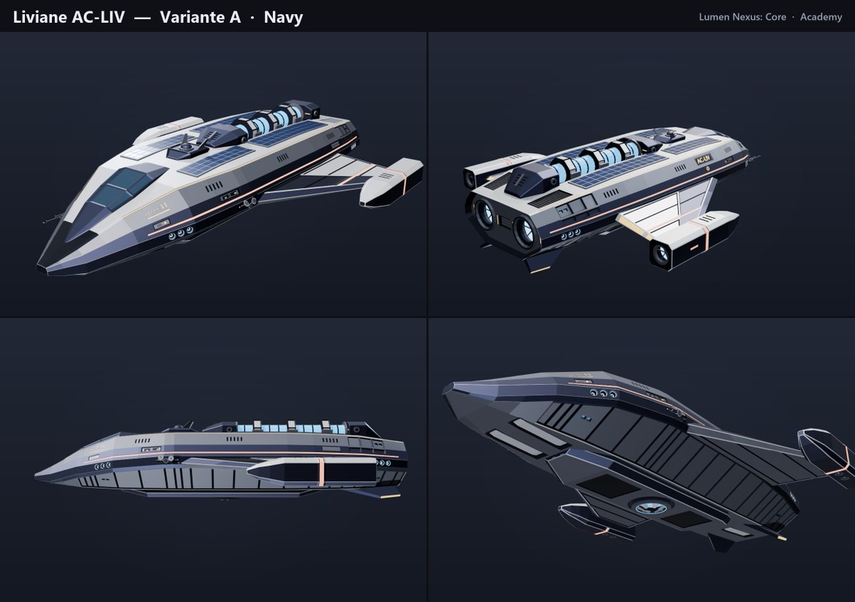 LumenNexusCore's tweet photo. Been modelling a small freighter for The Academy, the neutral faction in my factory game. They're the ones who license you as a Harvester and teach you the ropes.

Can't decide on the color scheme. Which one would you pick?
A · Navy
B · Clean
C · Tech
#gamedev #indiedev #blender https://t.co/ffgjJNfdYs
