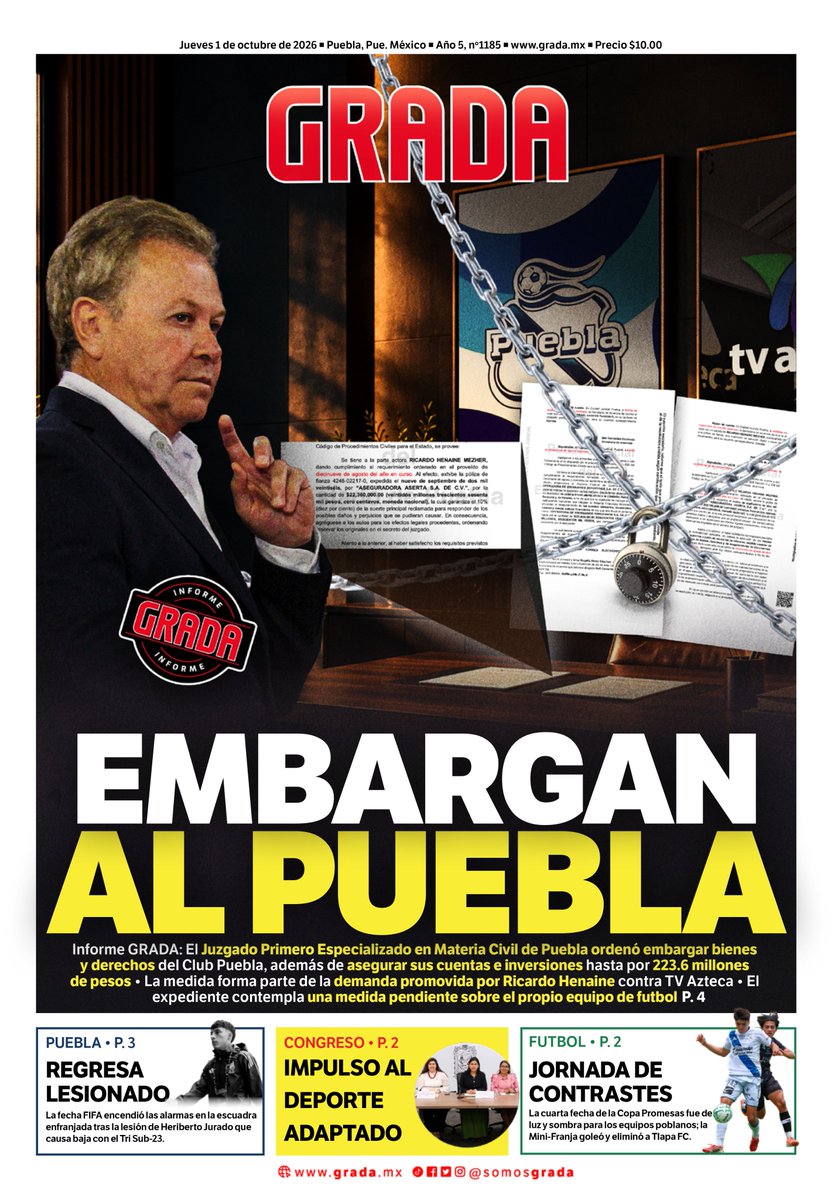 somosgrada's tweet photo. 📰 Hoy, en GRADA:

🚨 EMBARGAN AL @ClubPueblaMX.

🚑 Regresa Heriberto Jurado lesionado.

😶 Copa Promesas: Jornada de contrastes.

#DondeEstamosTodos💺 https://t.co/6bFWYRY0k6